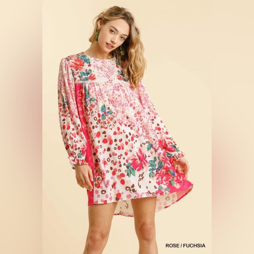 Umgee Women's Mixed Print Crochet Ruffle Dress